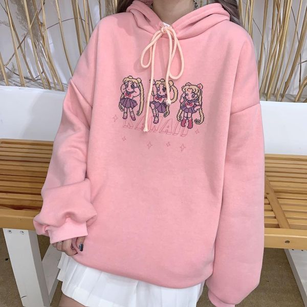 

hooded pocket lolita sailor kawaii pink print cartoon sweatshirt pullover hoodies women oversized fleece cute winter pretty, Black