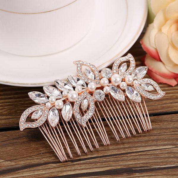 

le liin rose gold bridal cz hair comb bride pearl headpiece alloy crystal barrette wedding hair accessories jewelry, Golden;white
