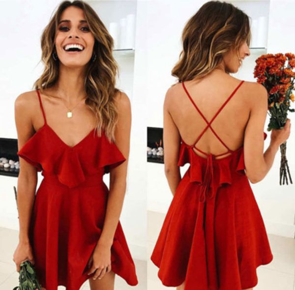 

2020 summer beach dress bikini cover up vintage red tunic cami dress boho casual sundress backless mini bathing suit