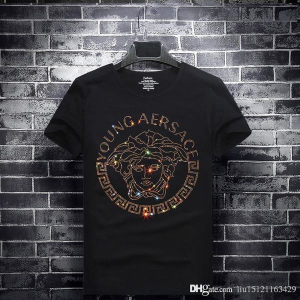 

2019 summer rhinestone medusa short-sleeved men's t-shirt round neck plus size slim social guy half-sleeved men size s-7xl, White;black