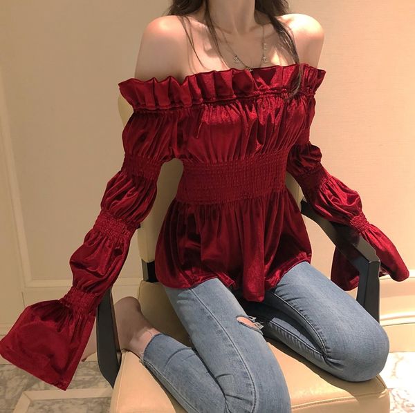 

fashion slash neck flare sleeve backless off shoulde t-shirts women wine red long sleeve ruffles t-shirt cute loose, White