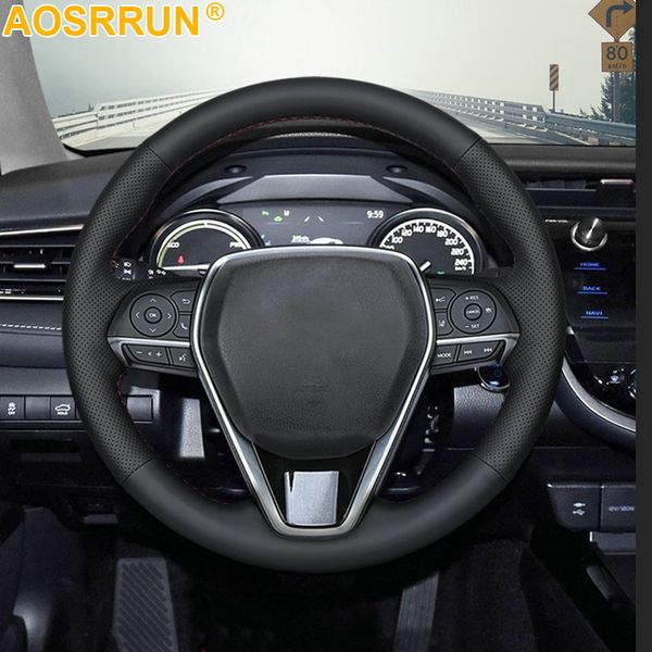 

black leather hand-stitched car steering wheel cover for avalon rav4 corolla 2019 2020