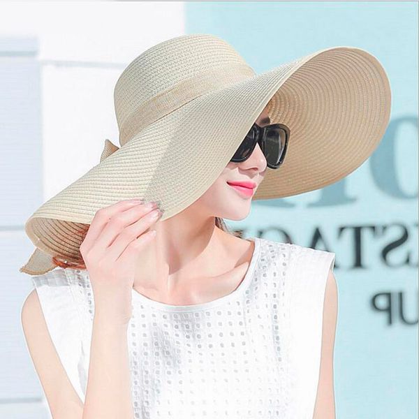 

elegant style summer large brim straw hat women girls fashion sun hat uv protect big bow summer beach hat c19011401, Blue;gray
