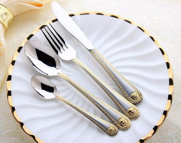 

stainless steel medusa head gold cutlery flatware set tableware dinnerware knife spoon fork restaurant party festival set dhl an2786