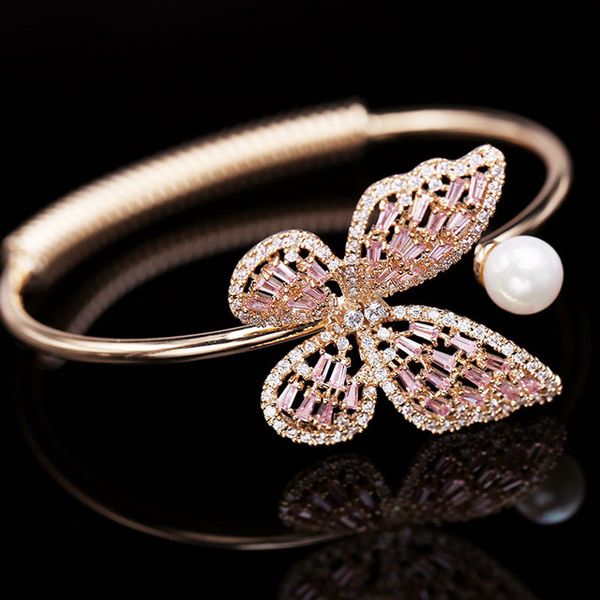 

diamonds zircon beautiful butterfly pearl bangle bracelet for woman fashion luxury geometric designer super glittering adjustable, Black