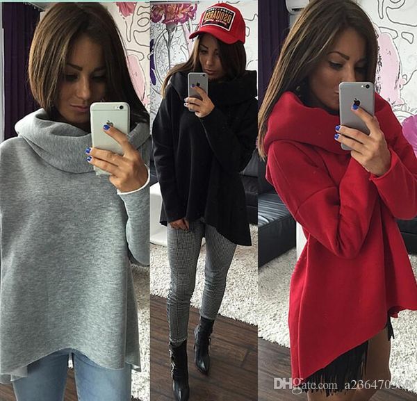 

fashion autumn winter irregular high collar scarf collar long sleeve shirt women loose add velvet t shirt sweater sweatshirt, Black