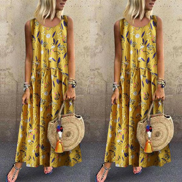 

women's sleepwear women boho floral long maxi dresses ladies sleeveless loose summer casual o neck party dress sundress, Black;red