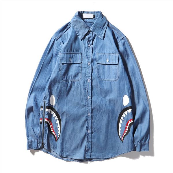 

early autumn jean shirts japanese street fashion brand coats double zipper shark denim man and women couple embroidery long-sleeved shirt, White;black
