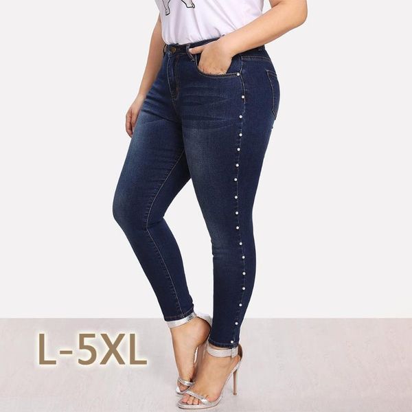 

new fashion ladies solid color four seasons wild stitching pockets zipper craft casual elastic jeans l-5xl, Blue