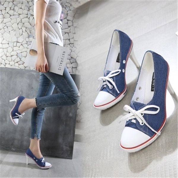 

size 34-41 2019 pumps 24 style denim shallow mouth women's shoes high heel 6-8cm girl canvas student shoes female, Black