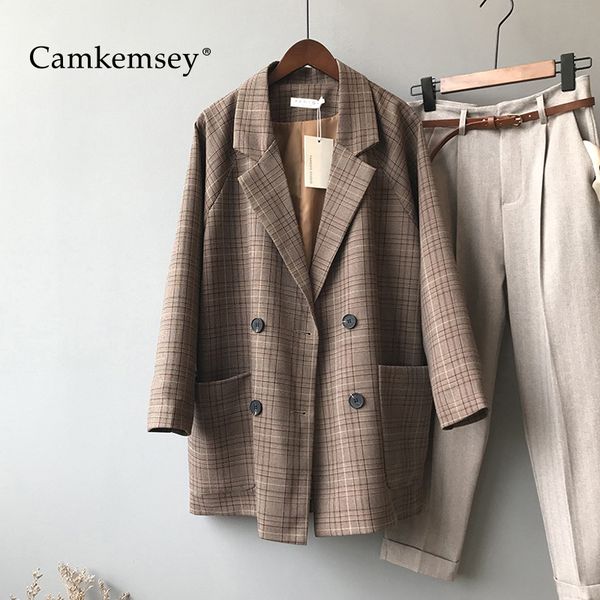 

camkemsey women casual suits coats autumn long sleeve double breasted notched vintage plaid women blazer jackets coats, White;black