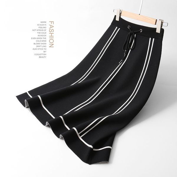 

half-body skirt black and white stripe high waist a word in skirt thickening ice hemp knitting skirt 1900