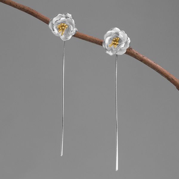 

inature 925 sterling silver fashion camellia flower long drop dangle earrings for women jewelry