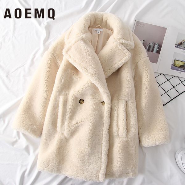 

aoemq big turn v-neck retro fashion thick warm loose lamb hair faux fur double-breasted long solid color wool coat, Black