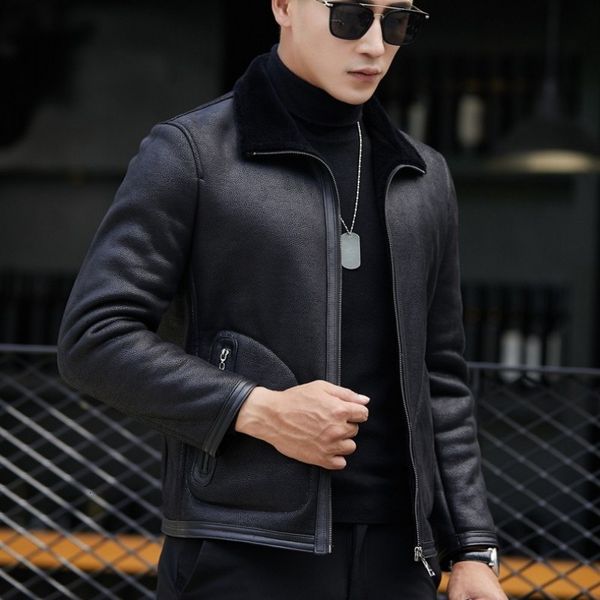 

men's leather & faux chaqueta cuero hombre motorcycle biker winter warm fur lining jacket genuine coat slim fit office casual bomber, Black