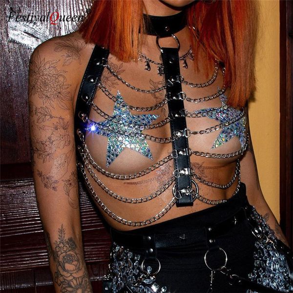 

festivalqueen faux leather body harness crop metal drape chain patchwork women night club backless cami for lady, White
