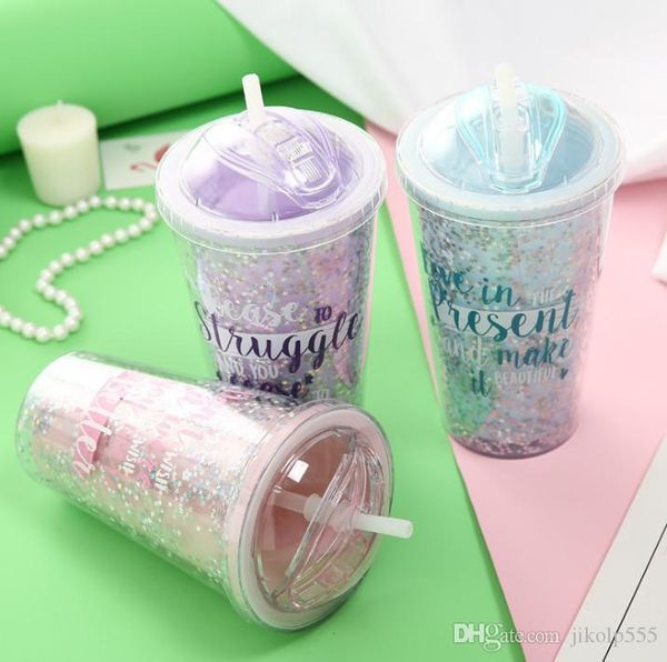 

the latest 14.2oz creative double-layer plastic drinking straw cups hand cup graffiti star slide cup support custom logo