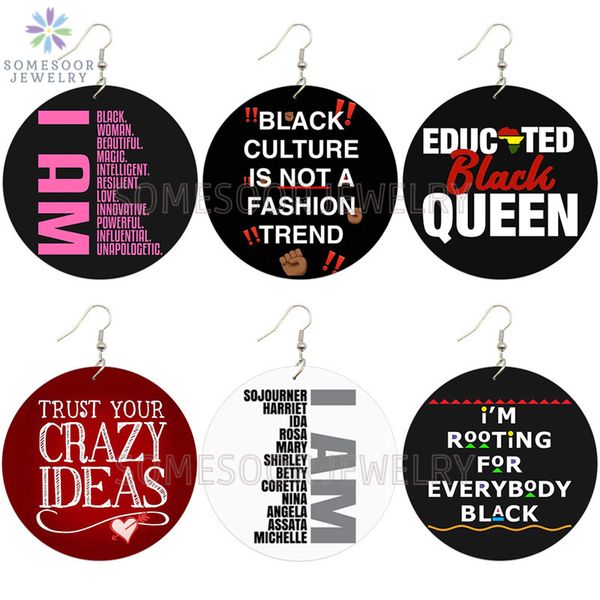 

somesoor educated afro queen wooden drop earrings black culture strong sayings african customized wood jewelry for women gifts, Golden