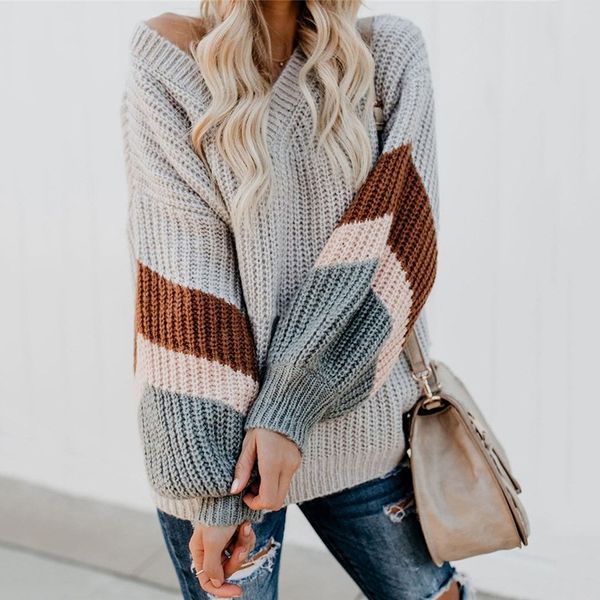 

v neck plus size women autumn sweater winter patchwork loose jumper pullover chic streetwear lantern sleeve sweater, White;black