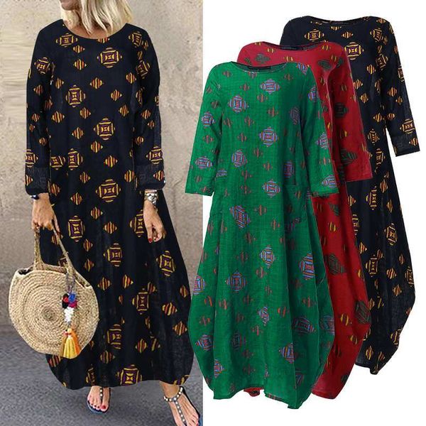 

zanzea plus size women long maxi dress bohemian vestidos floral printed sundars long sleep pockets women's skirt tunic dress 7, Black;gray