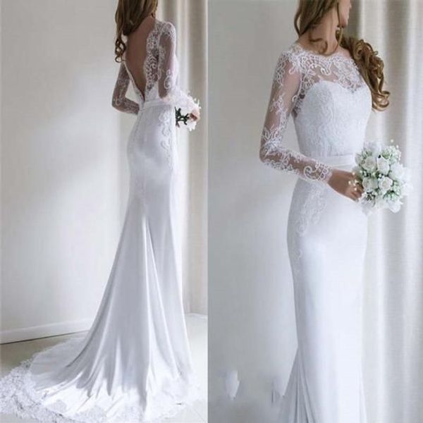

lace bateau neck wedding dresses deep v-back long illusion sleeves bridal gowns formal party gowns, White