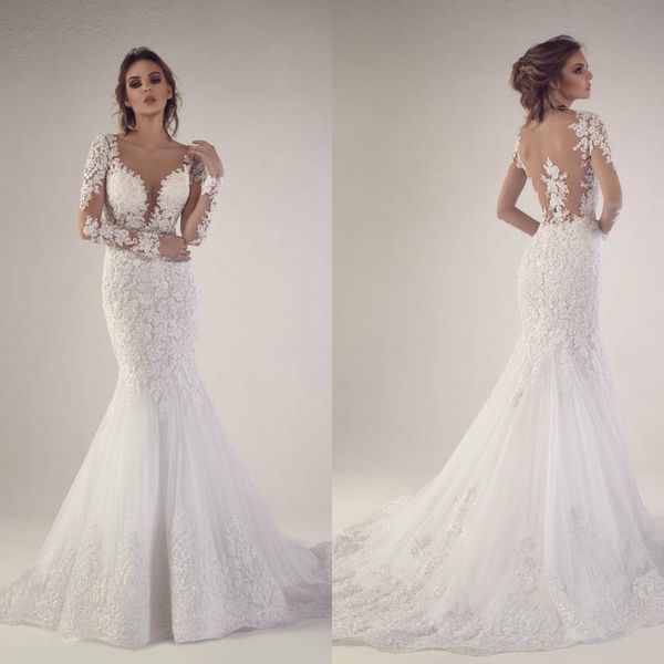 

tony chaaya 2019 mermaid wedding dresses sheer long sleeve lace appliqued plus size wedding dress arabic luxury court train bridal gowns, White