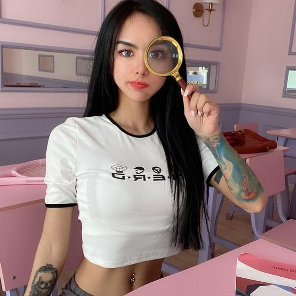

women t shirt crop summer clothes harajuku print tee short sleeve hiphop slim fit t-shirt women cropped camisetas 2020, White