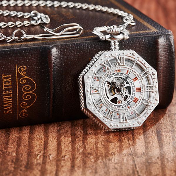 

gorben silver skeleton hand wind mechanical pocket watch orange roman numerals fob chain necklace gifts, Slivery;golden