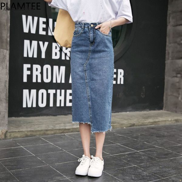 

worn color spring denim skirt with high waist split hit pocket jeans women long skirt streetwear irregular faldas straight mujer, Black