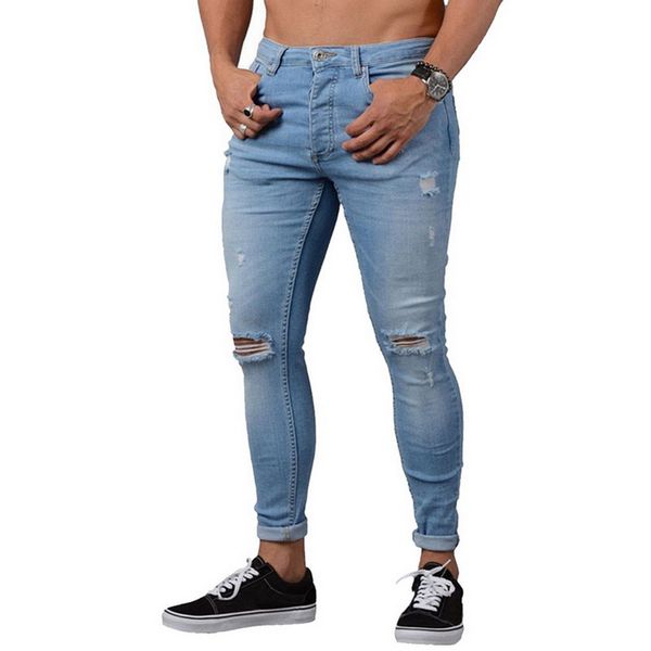 Hot -2018 sexy buraco homens zipper apertado azul jeans outono outono retro denim lápis calças estiramentos casuais