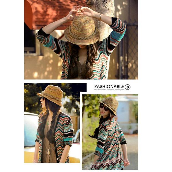 

women holiday sun protection exquisite weaving summer fashion daily gift straw hat beach rainbow stripe casual travel, Blue;gray