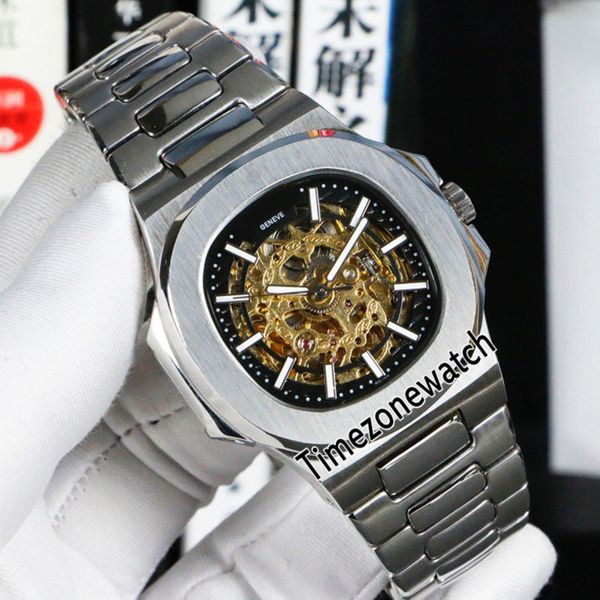 

new nautilus 5711 automatic mens watch steel case black inner gold skeleton dial stainless steel bracelet sport watches timezonewatch e114a1, Slivery;brown