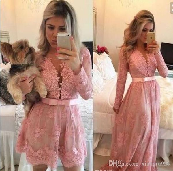 Setwell Duas Peças Curto Vestidos de Baile Saia Destacável Renda Rosa Manga Longa Vestido de Noite Frisado Applique Renda Vestido de Baile