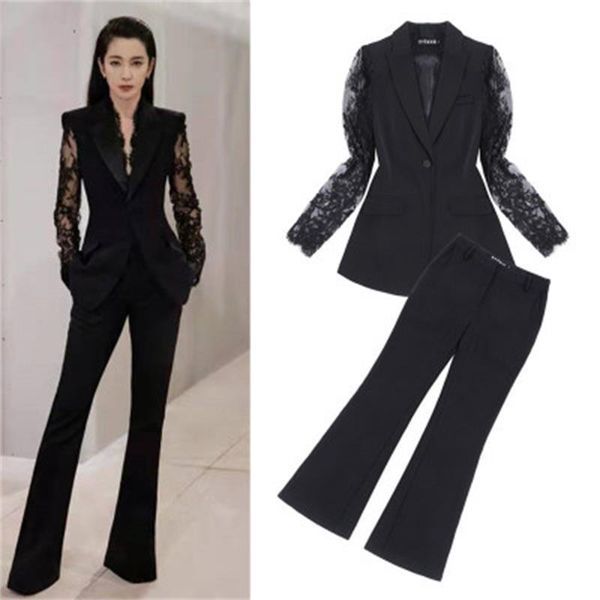 

autumn two piece set women lace hollow stitching slim office lady blazer coat+nine pants suit female trouser new, White;black
