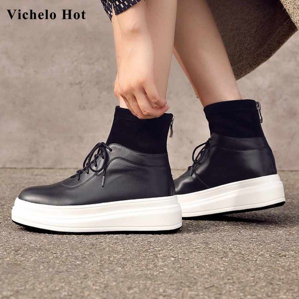 

vichelo genuine leather patchwork stretch flock high heels thick bottom round toe winter women zip lace up ankle boots l2f2, Black