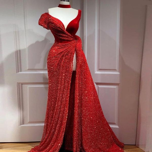 

блестящая блесток платья выпускного вечера с choker high split front формальное вечернее платье партии платья sexy рукавов abiye платье-де-ф, White;black