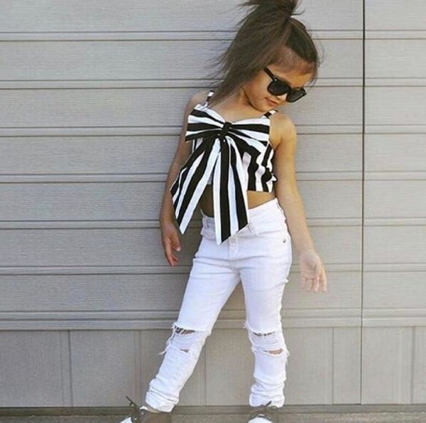 

summer girls set striped bow ribbon + white hole pants two piece girls outfits children baby clothing sets toddler girls clothes 2-7t