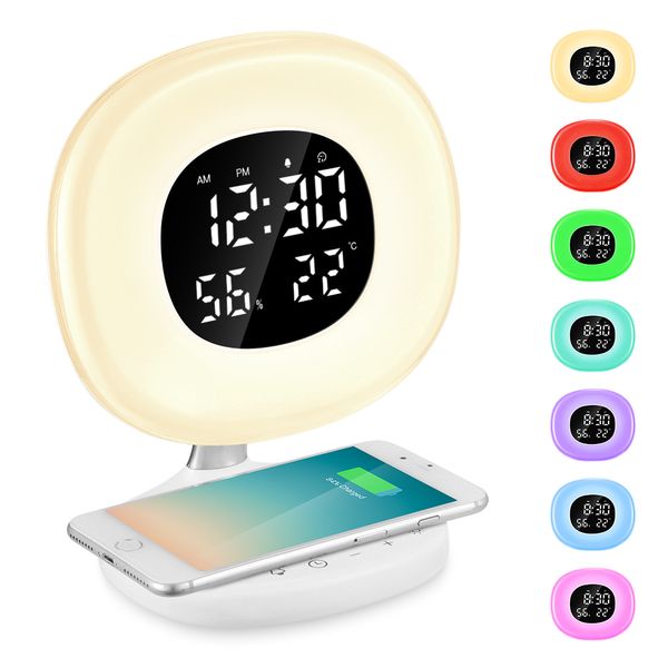 

led wake-up light sunrise alarm clock wireless charging snooze clock with 8 alarm sounds bedside simulator for bedroom #3