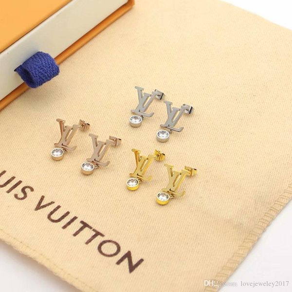 

luxury jewelry women earrings letter v with single diamond designer earrings stainless silver rose gold elegant alphabet stud fashion style, Golden;silver