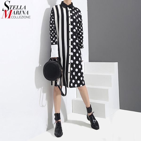 

2020 korean style women black shirt dress polka dots printed & stripes long sleeve ladies casual midi unique dress vestidos 3191, Black;gray