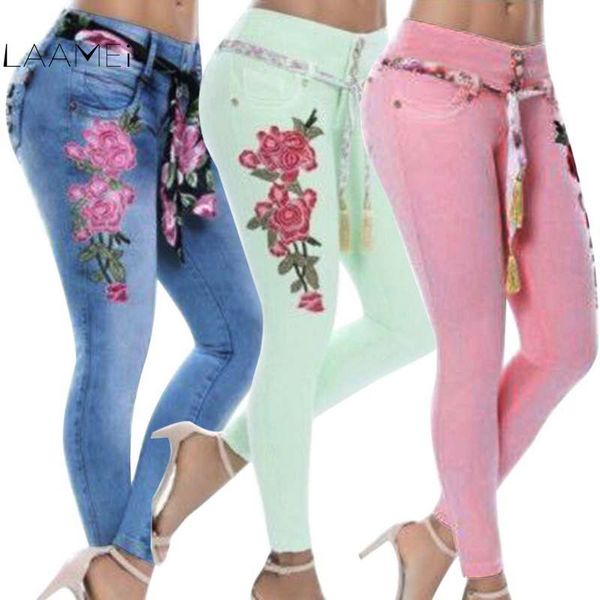 

laamei 2019 plus size women stretch high waist skinny embroidery jeans floral holes denim pants trousers women jeans pencil pant, Blue
