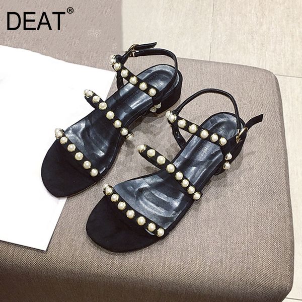 

deat] 2020 round toe string pearls pu leather simple sweet flat sandals for women shoes new spring summer fashion tide 10g538, Black