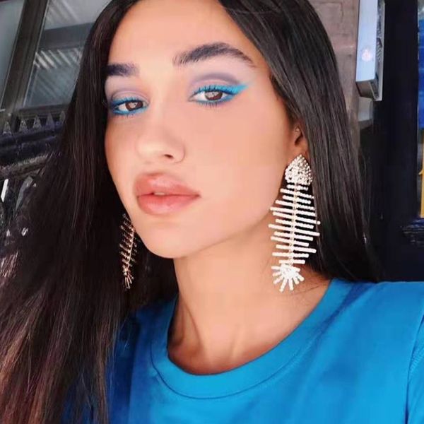 

geogous stunning rhinestone fish bone charm dangle earrings for women fashion jewelry brand collection earrings accessories, Silver