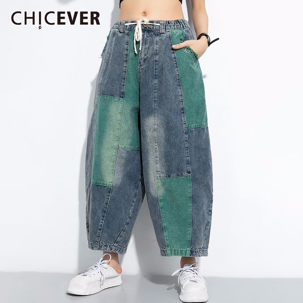 

2020 patchwork pockets hit color women's jeans lace up loose oversized denim wide leg pant female summer fashion new, Blue