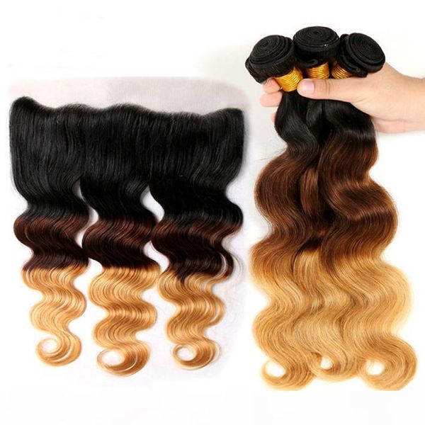 

ombre extensions 1b 4 27 brazilian virgin body wave human hair 3 bundles with lace frontal 13x4 colored blonde weave bundles with closure, Black;brown