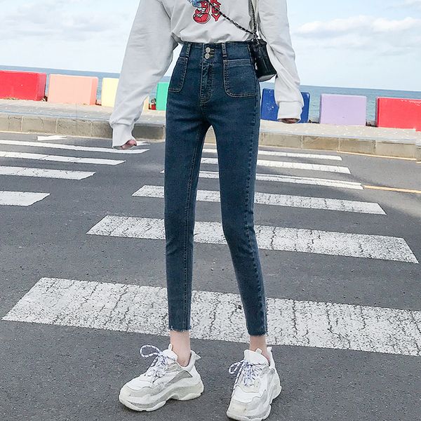 

2020 spring summer high waist mom jeans vintage skinny jeans plus size push up elastic denim pants, Blue