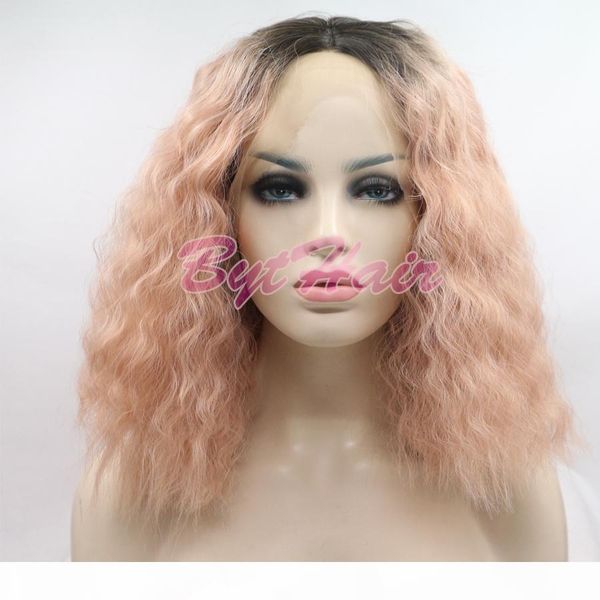 

bythair peach color short bob synthetic lace front wig pastel pink ombre brown root water wave heat resistant fiber women wig haircut, Black