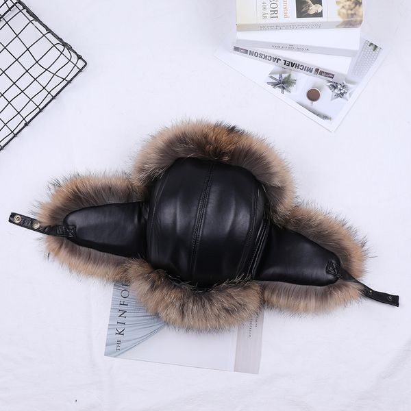 

2019 winter men's 100% real silver fox fur bomber hat raccoon fur ushanka cap trapper russian man ski hats caps real leather, Blue;gray