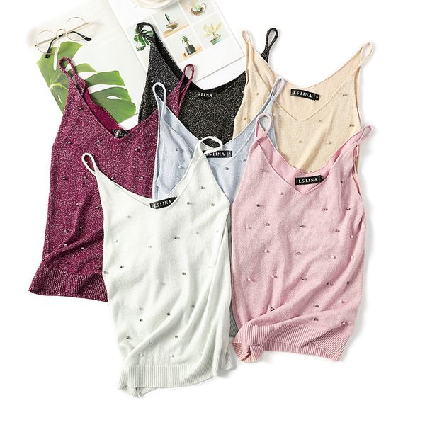

summer beading camis women glitter sleeveless knitted vest casual shiny tank plus size strap female crop, Black;white