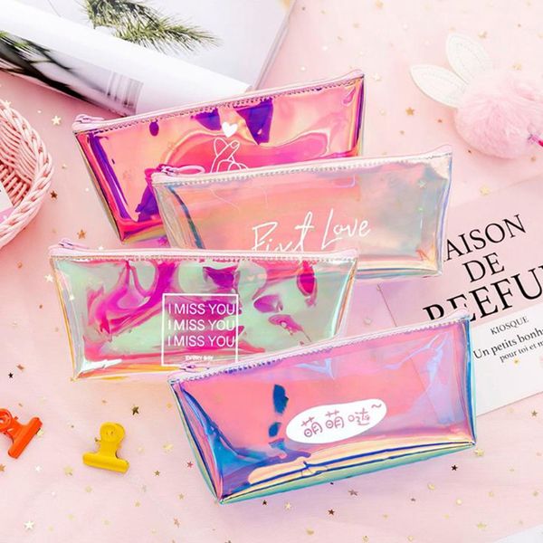 

holographic iridescent laser pencil case for girls boys school cute pencil box transparent pencil bag school office supplies stationery gift
